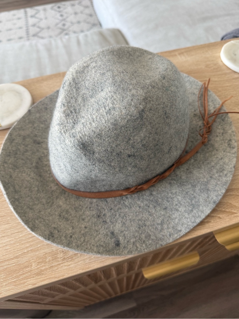 Gray Wool Fedora Hat with Brown Leather Band